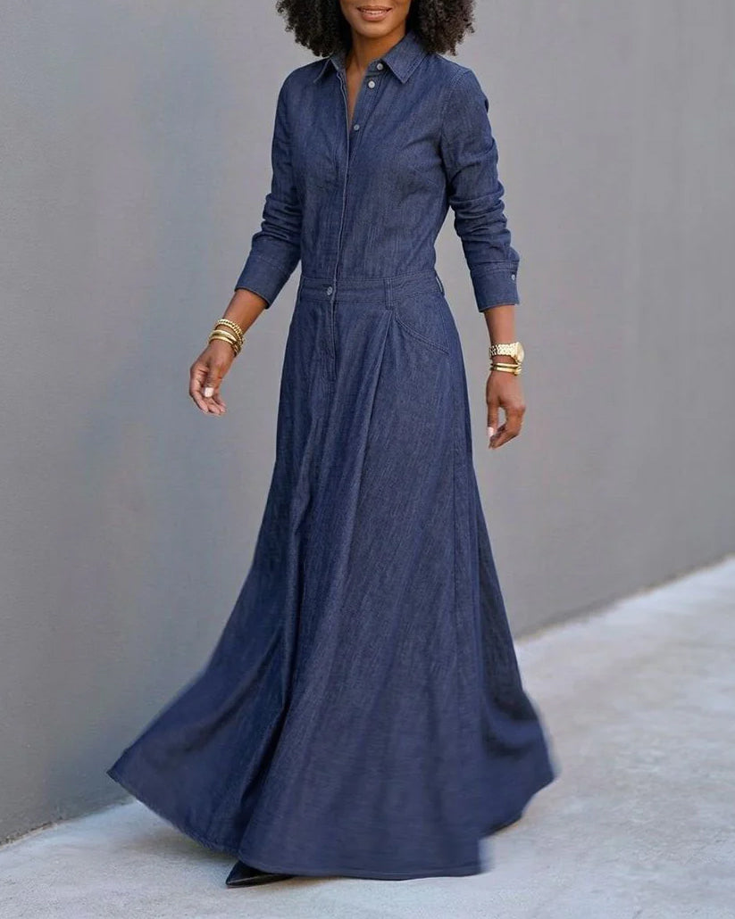 Split-Joint Solid Color Pockets Buttoned Long Sleeves High Waisted Lapel Maxi Dresses
