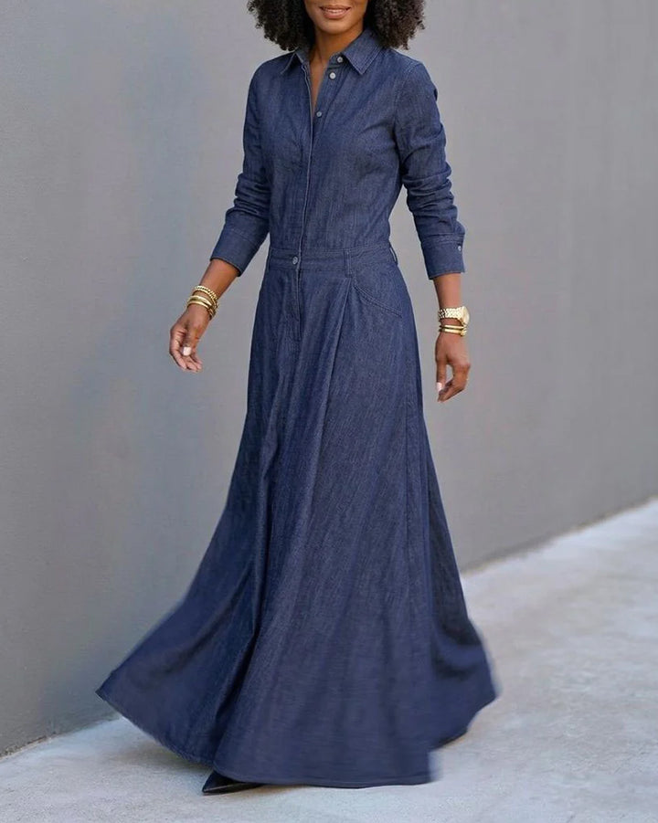 Split-Joint Solid Color Pockets Buttoned Long Sleeves High Waisted Lapel Maxi Dresses