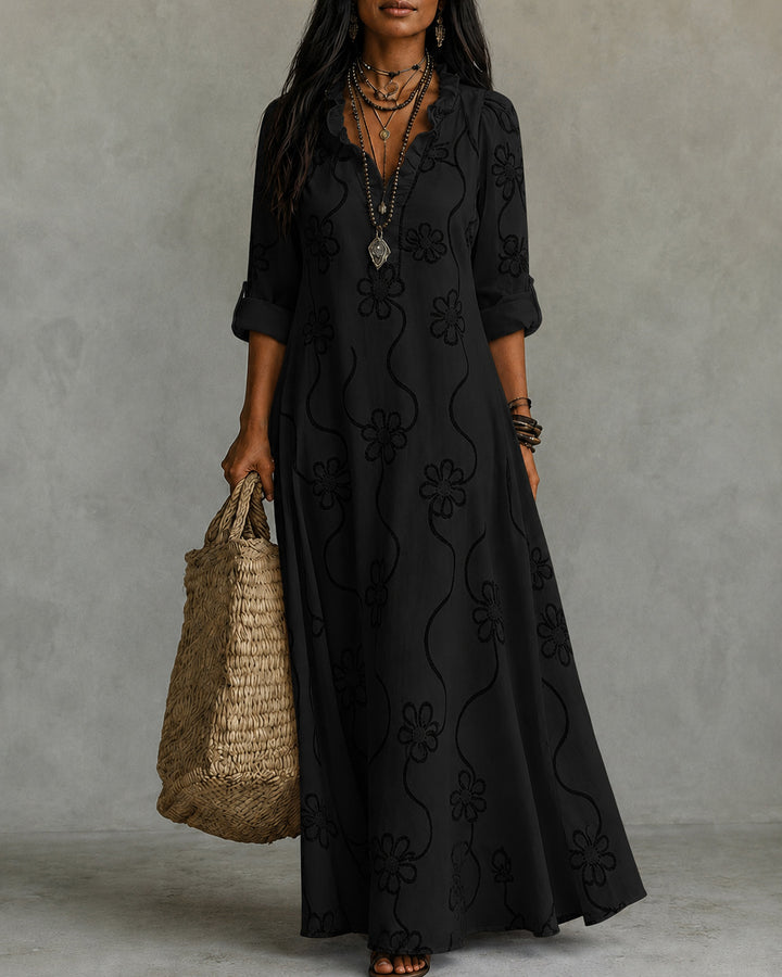 Fashionable Lace Cotton Linen Floral Print Dress