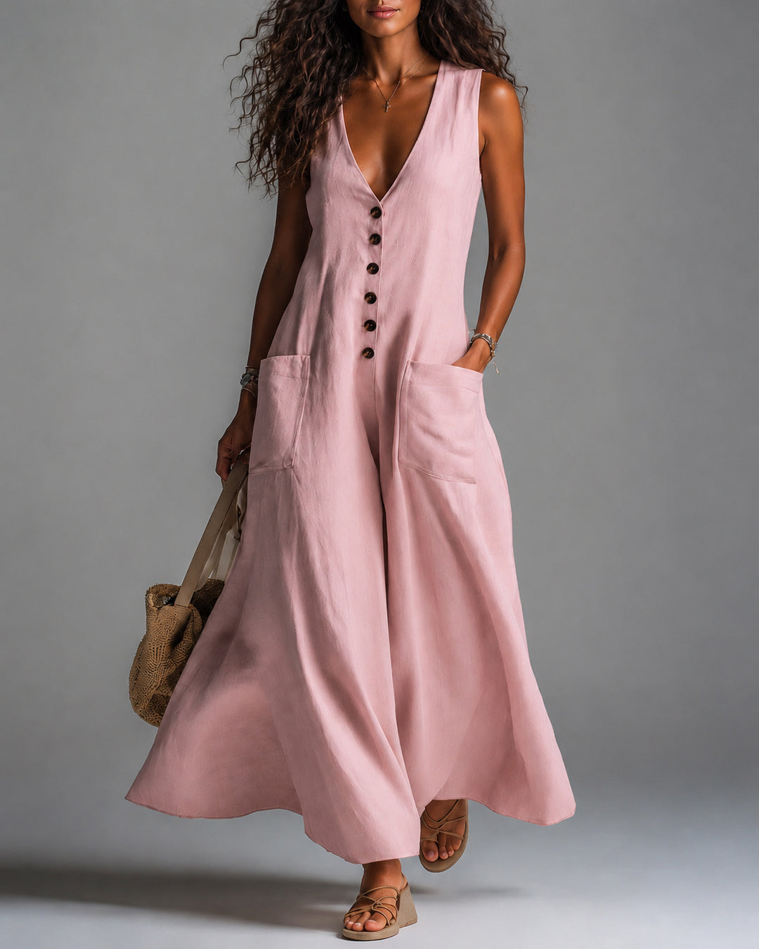 Deep V-neck Solid Color Pocket Cotton Linen Casual Dress
