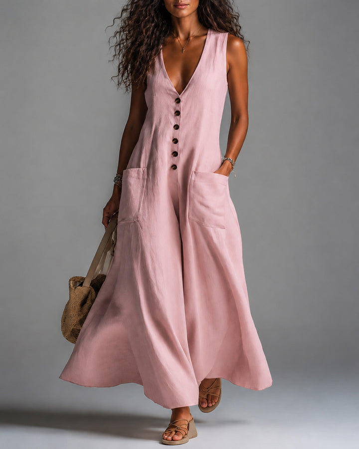 Deep V-neck Solid Color Pocket Cotton Linen Casual Dress
