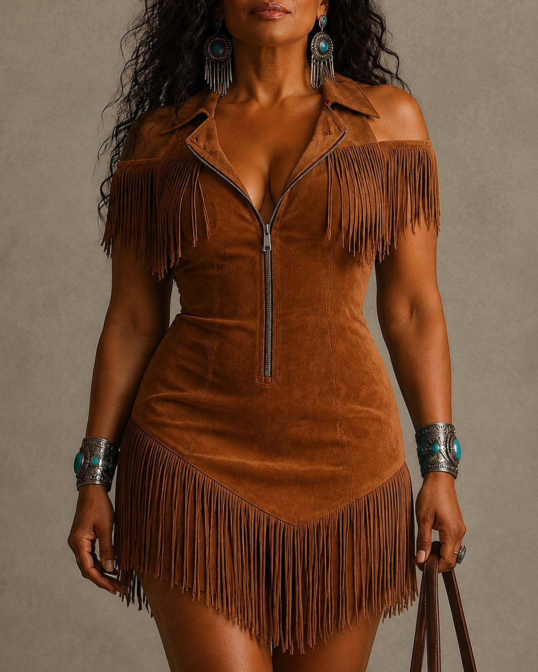 Vintage Suede Zip Lapel Off-Shoulder Tassel Mini Dress