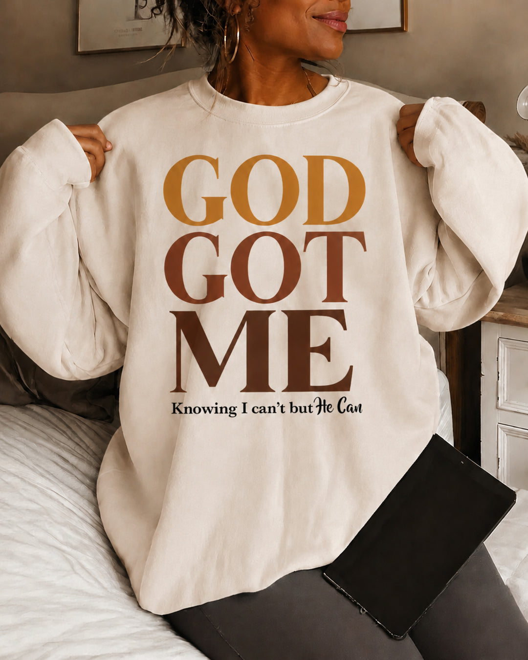 Women's GOD GOT ME Knowing I can’t but He Can Round Neck Sweatshirt