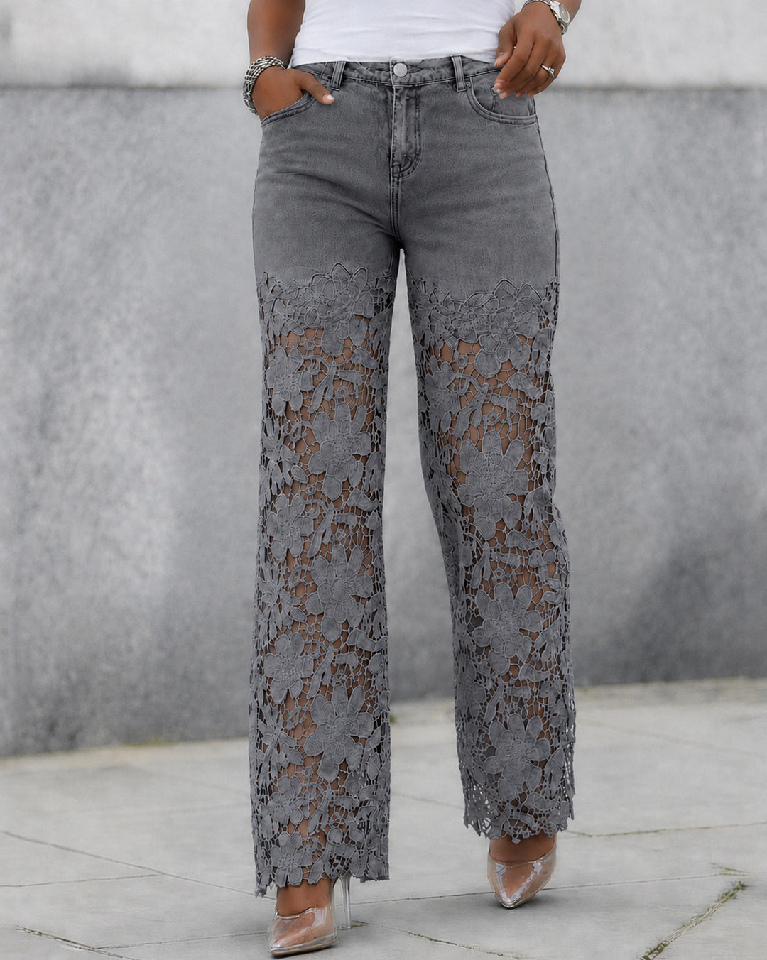 High Waist Lace Spliced Wide Leg Jeans