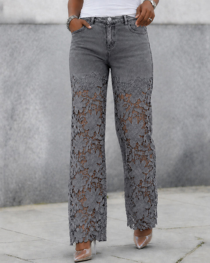 High Waist Lace Spliced Wide Leg Jeans