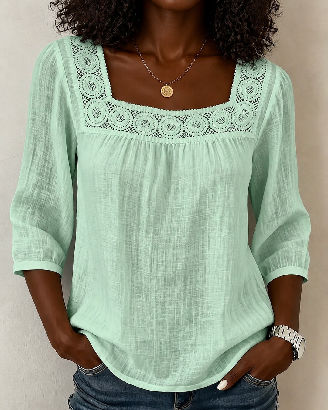 Square Neck Lace Spliced 3/4 Sleeve Cotton Linen Blouse