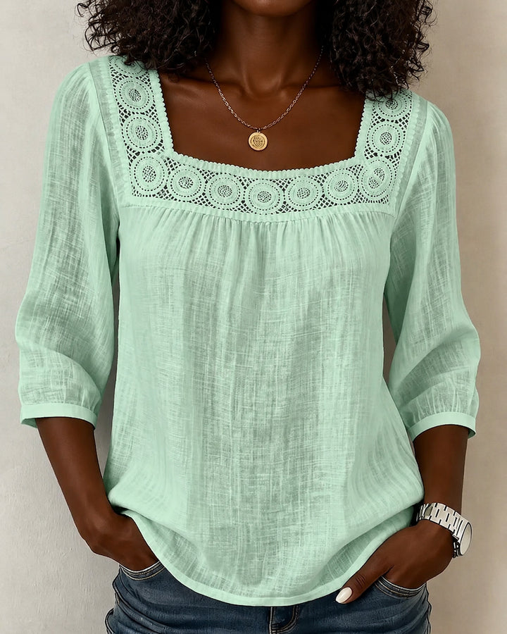 Square Neck Lace Spliced 3/4 Sleeve Cotton Linen Blouse