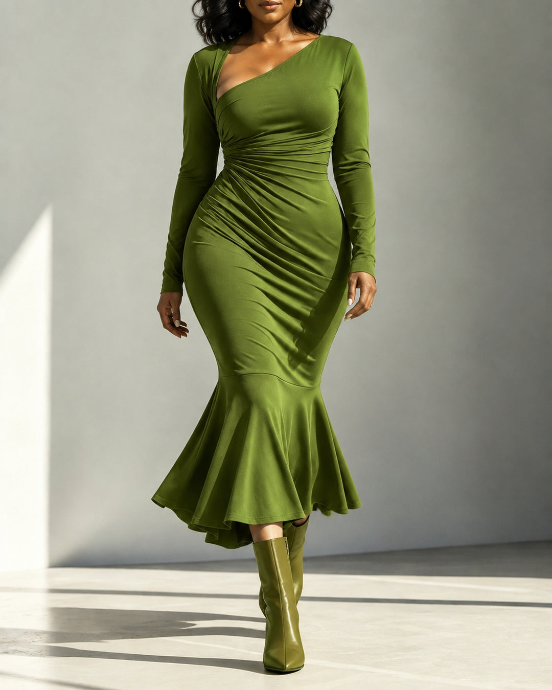 Women's Long Sleeve Asymmetric Ruched Waist Midi Dress