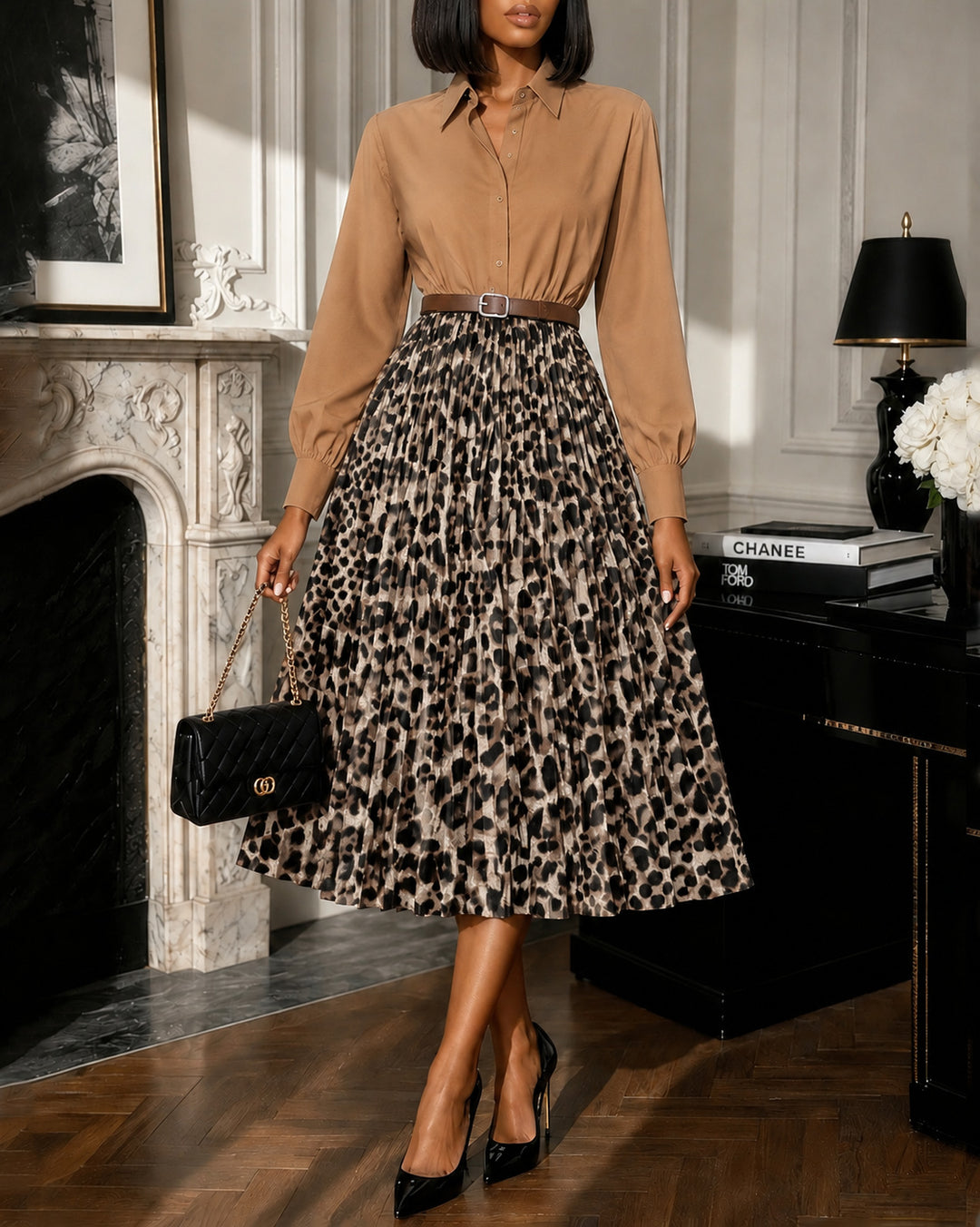 Leopard-print Long Sleeve Button Down Panel Pleated Midi Dress