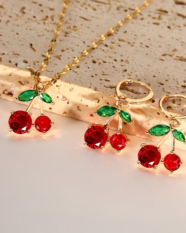 A Set of Cute-style Necklace and Earrings Featuring Exquisite Red Cherry Designs