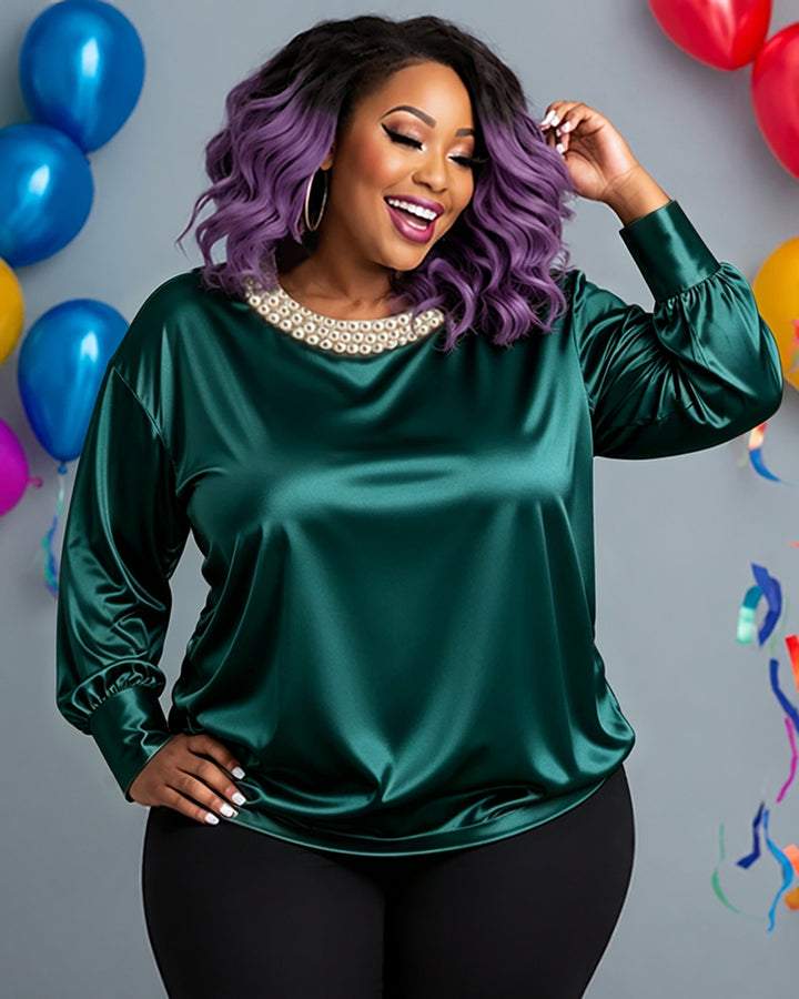 Pearl Collar Satin Blouse Top