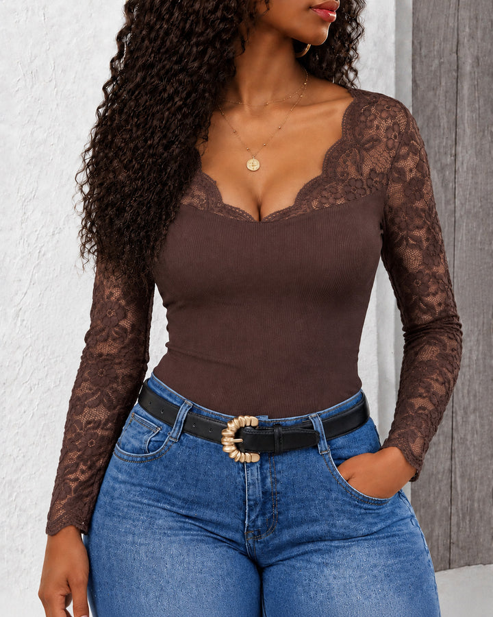 Women's Scalloped V Neck Lace Long Sleeve Top