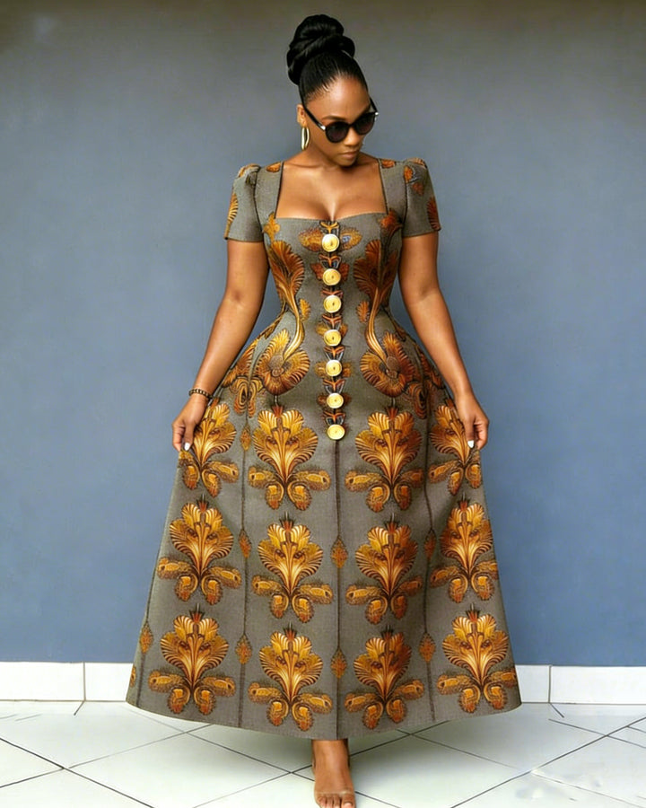 Square Neck Short-sleeved Button-down Ankara Dres