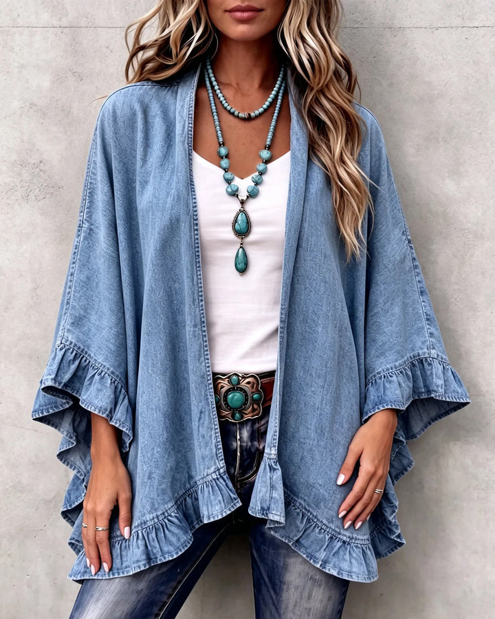 Chic Boho Denim Ruffle Trim Cardigan