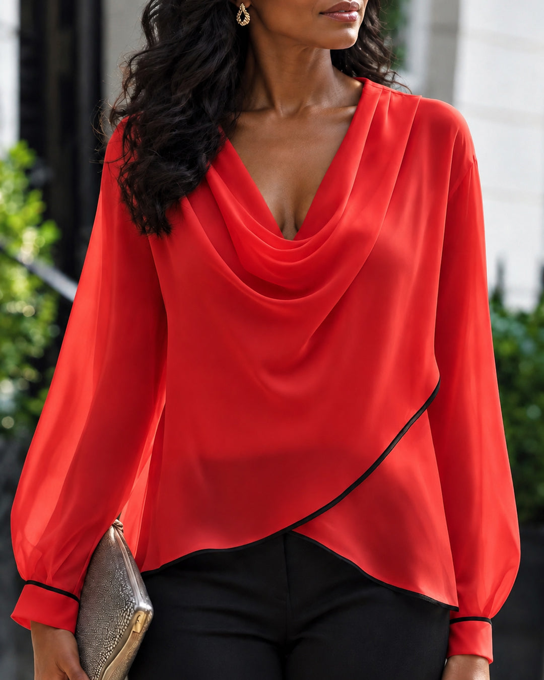 Women's Cowl Neck Chiffon Satin Long Sleeve Blouse