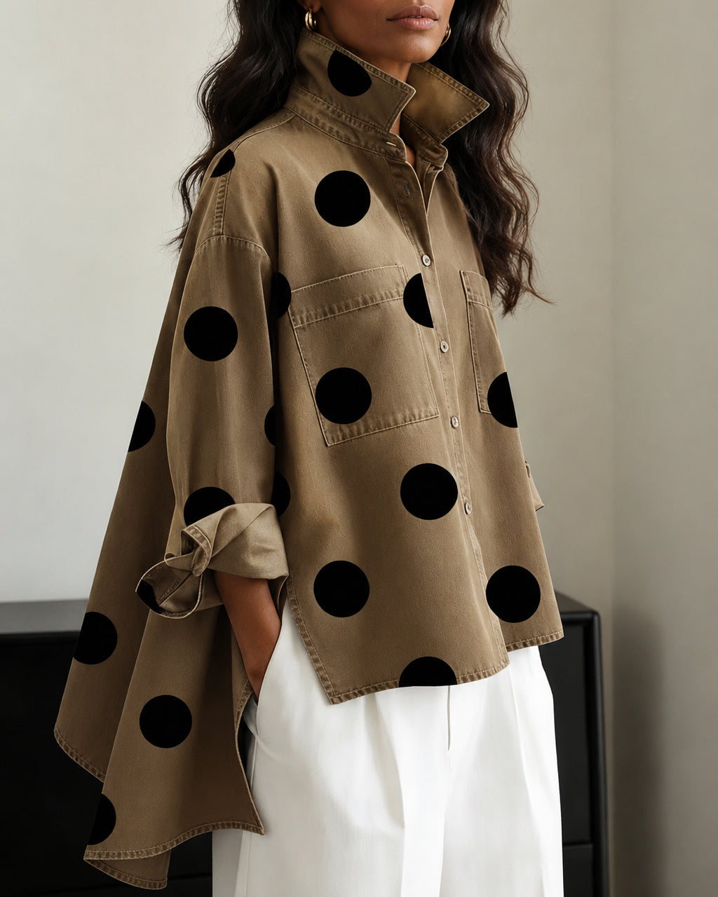 Oversized Polka Dot Denim Stand-up Collar Loose Irregular Shirt