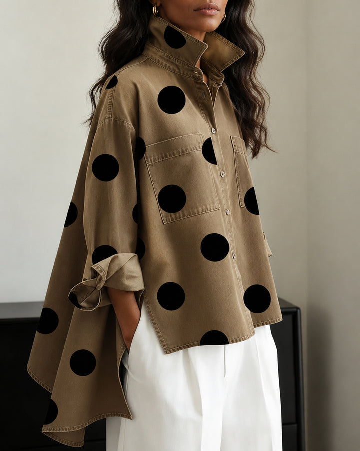 Oversized Polka Dot Denim Stand-up Collar Loose Irregular Shirt