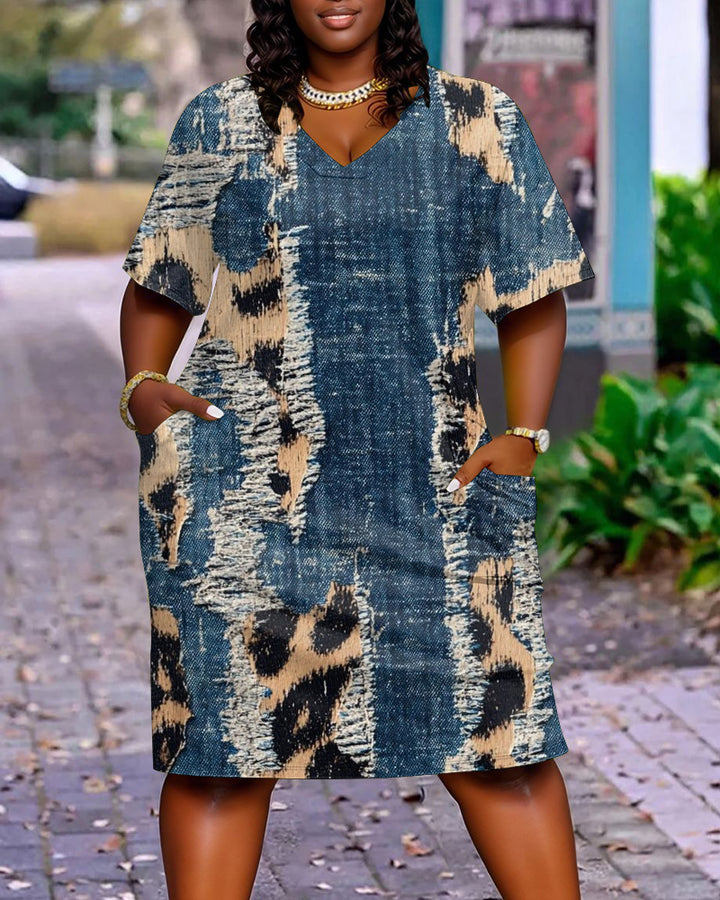 Leopard Patchwork Ripped Denim Print Pocket Casual Dress