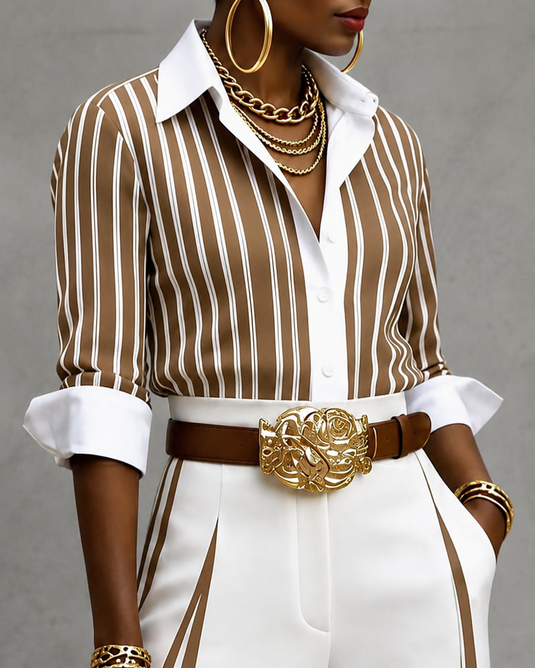 Long Sleeves Buttoned Contrast Color Striped Lapel Blouses&Shirts Tops