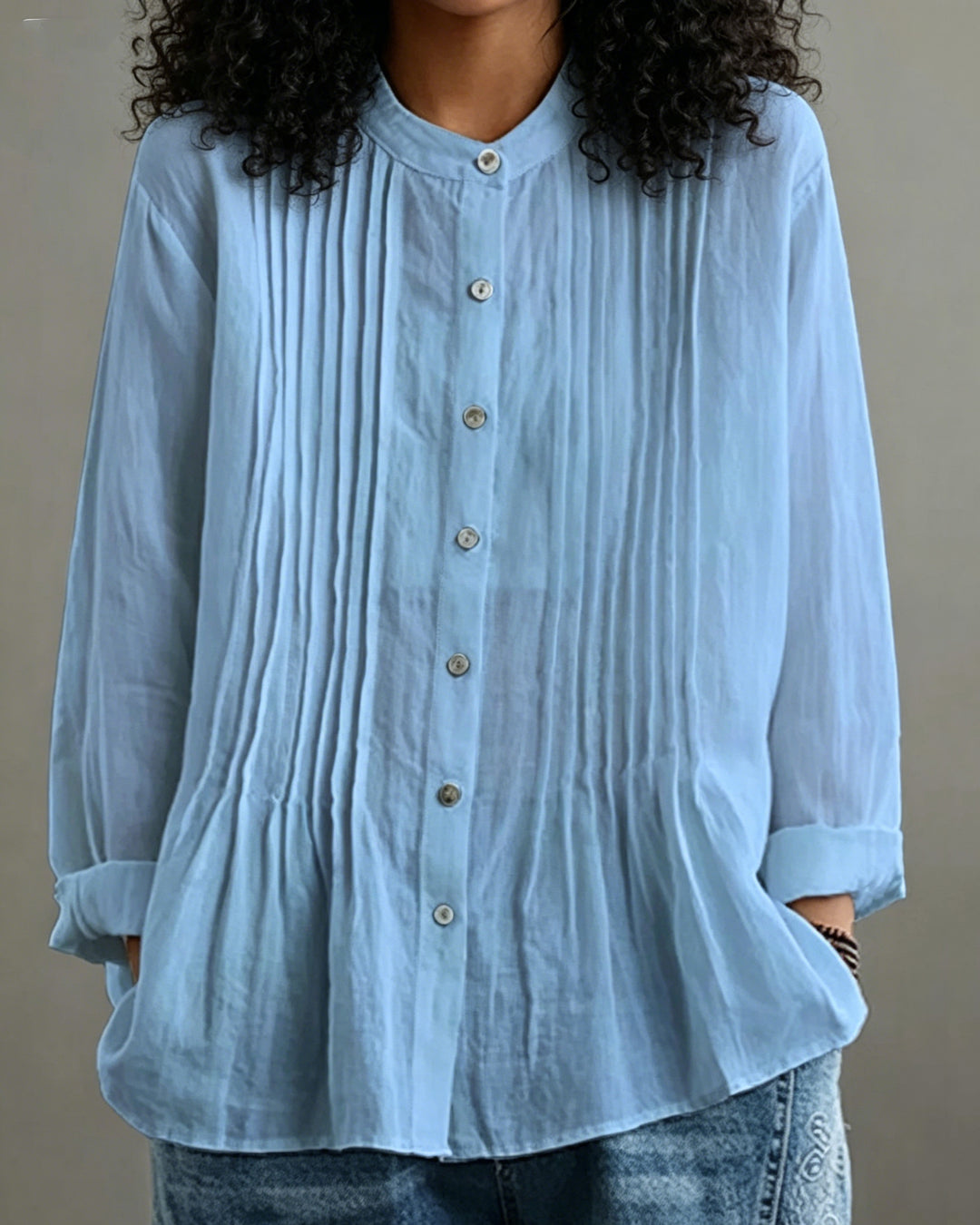 Casual Solid Color Pleated Long Sleeve Shirt