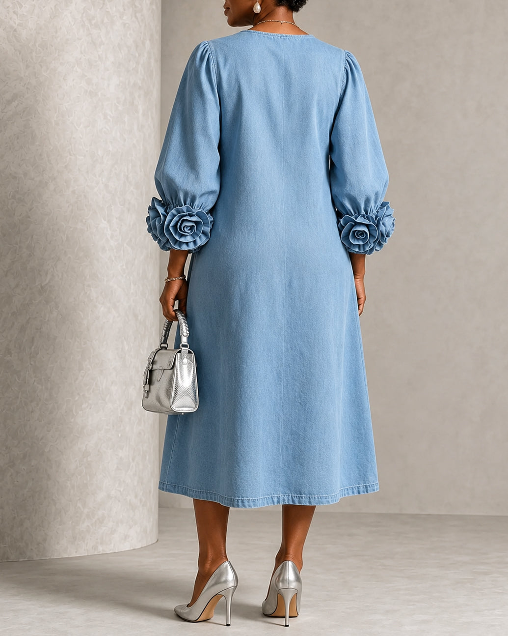 Chic Chambray Crew Neck Denim 3D Rosette Sleeve Midi Dress