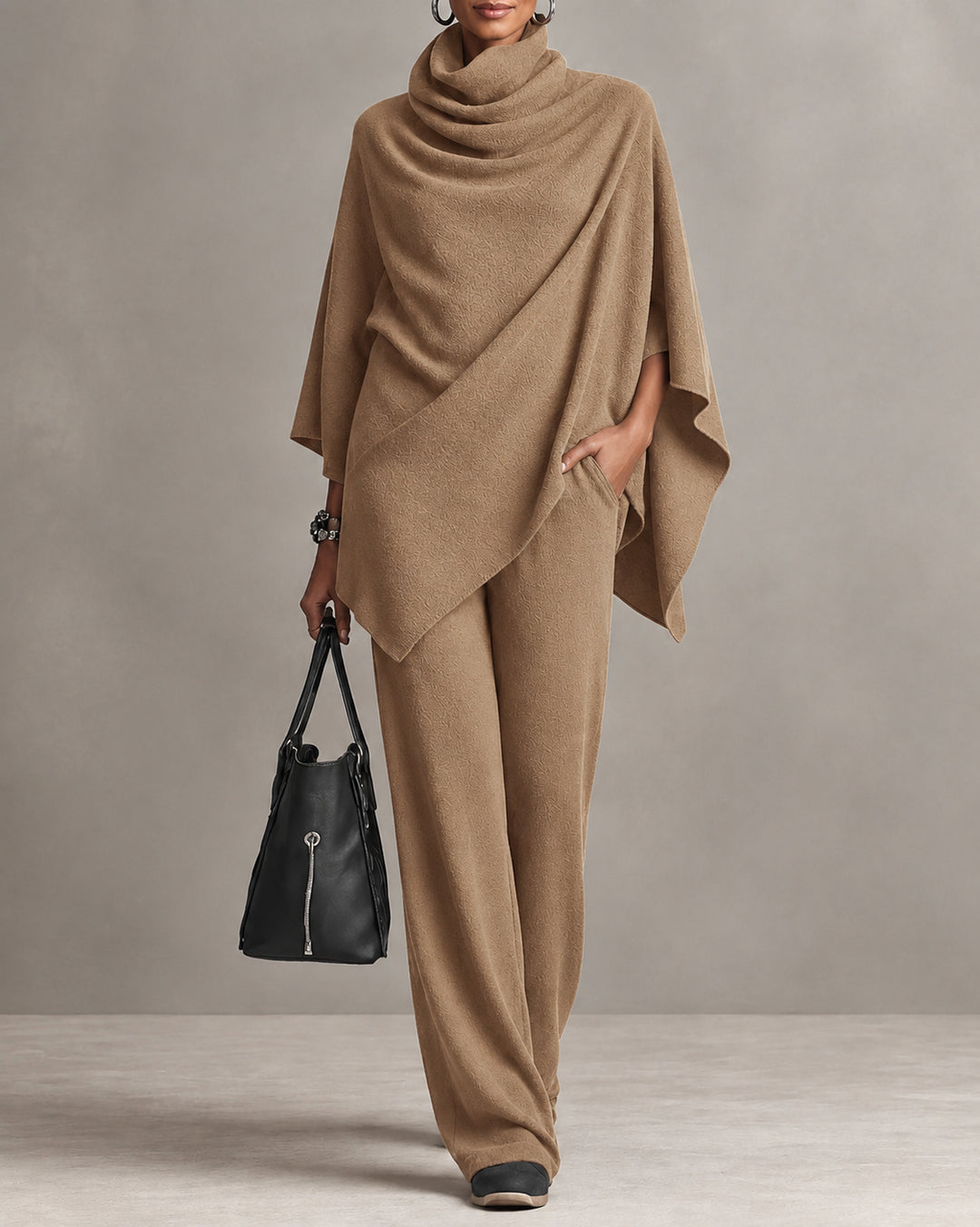 Cowl Neck Asymmetric Draped Poncho Top and Wide Leg Pants