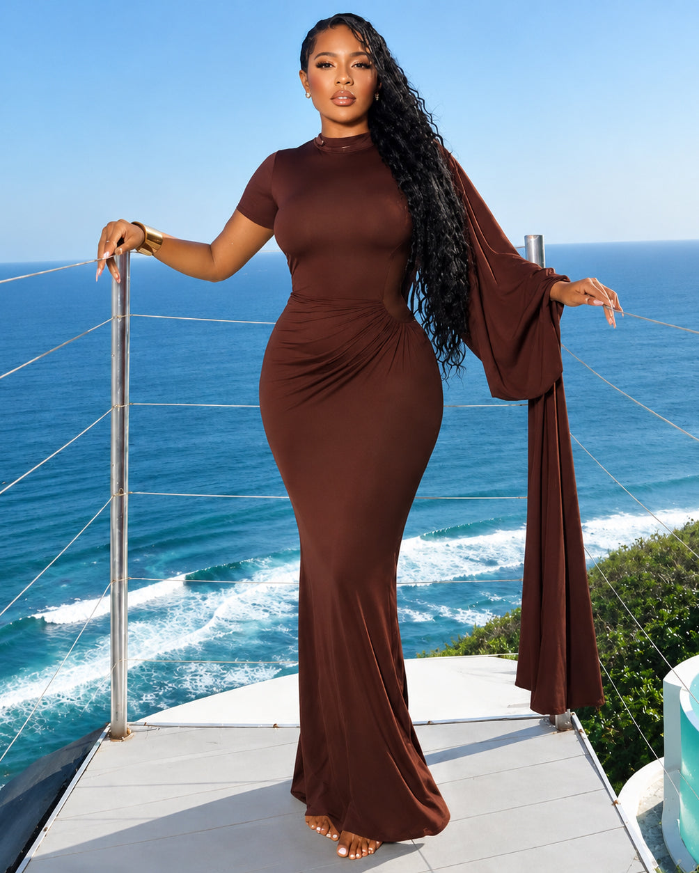 Mock Neck Cape Sleeve Ruched Evening Party Gown