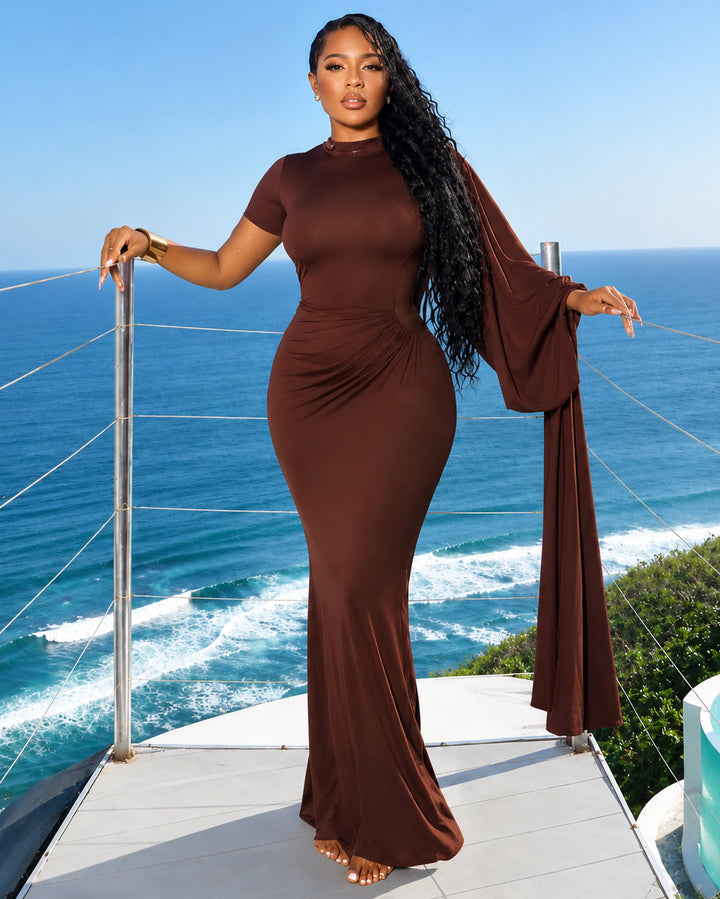 Mock Neck Cape Sleeve Ruched Evening Party Gown