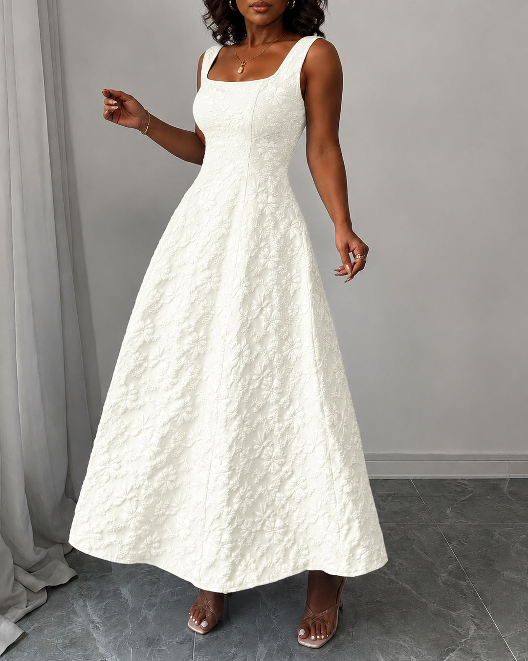 Jacquard Square Neck Sleeveless Waisted Elegant Maxi Swing Dress