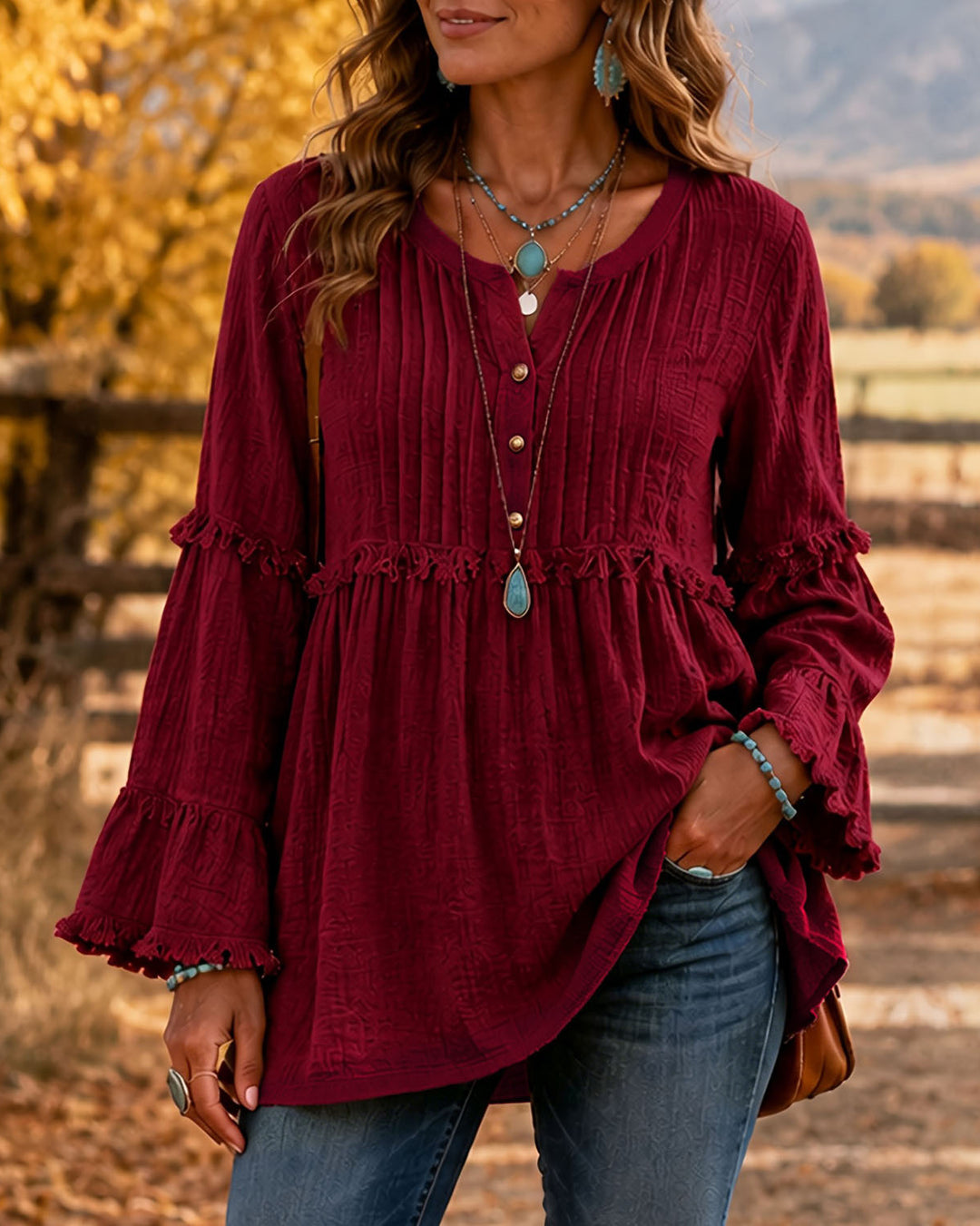 Crew Neck Button Down Loose Shirt with Tassel Spliced Lace