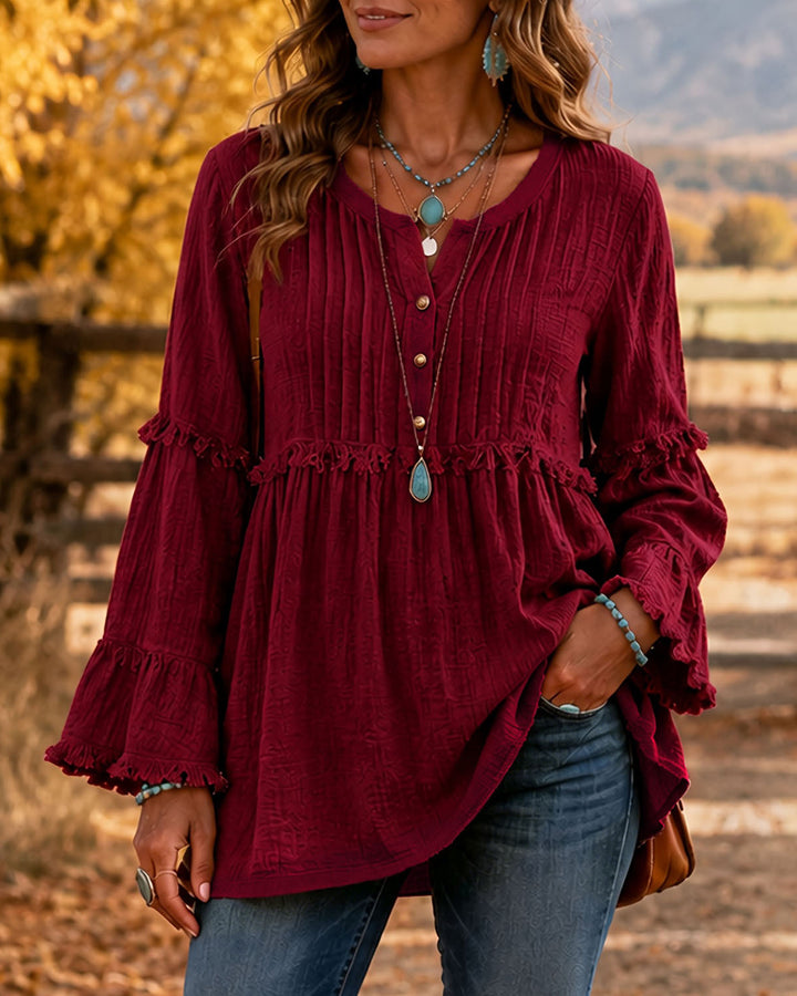 Crew Neck Button Down Loose Shirt with Tassel Spliced Lace