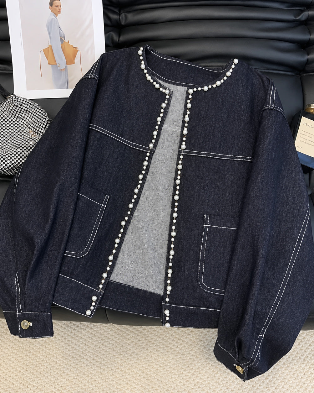 Women's Pearl-embellished Denim Jacket