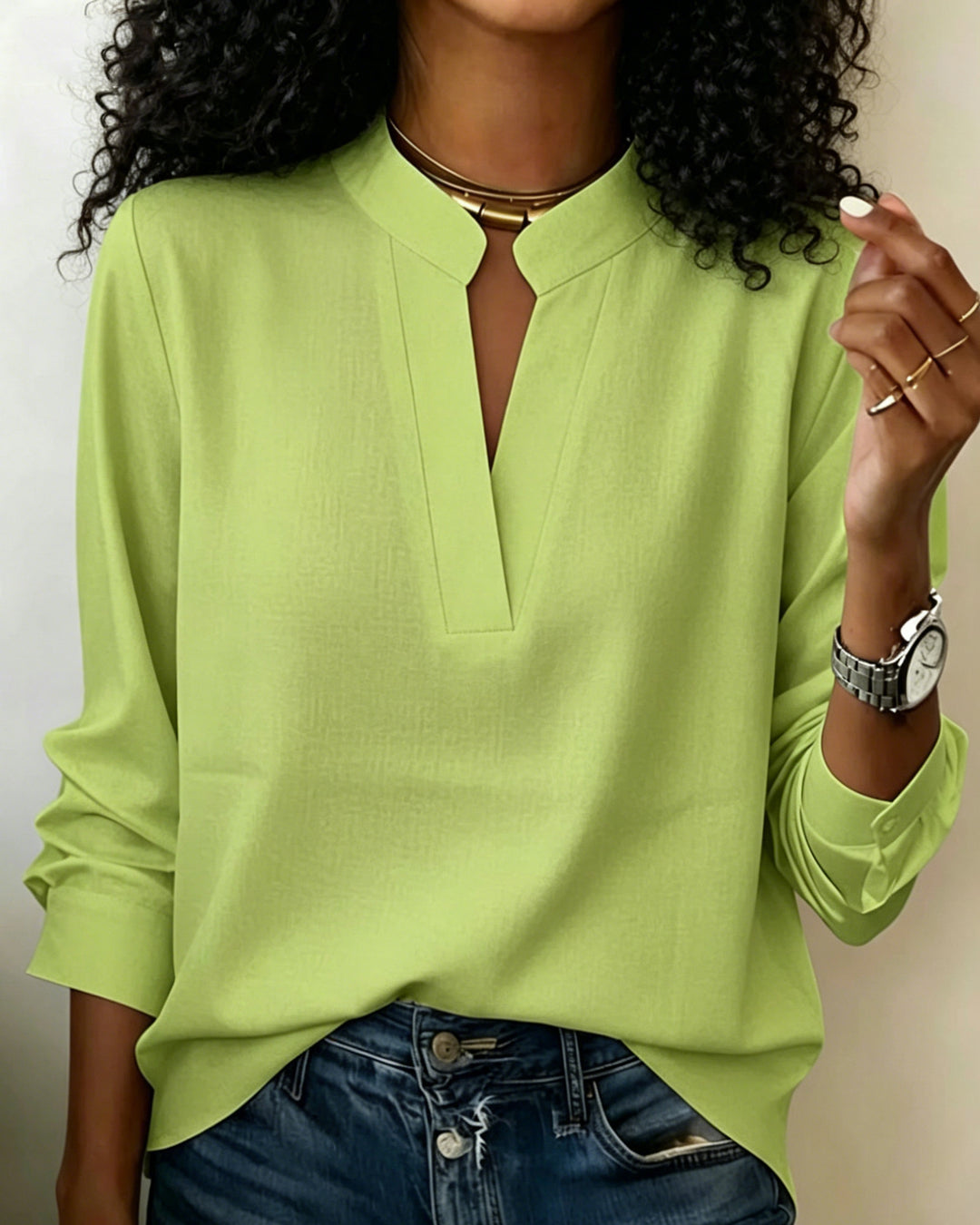 Solid Color Minimalist V-Neck Cotton Shirt