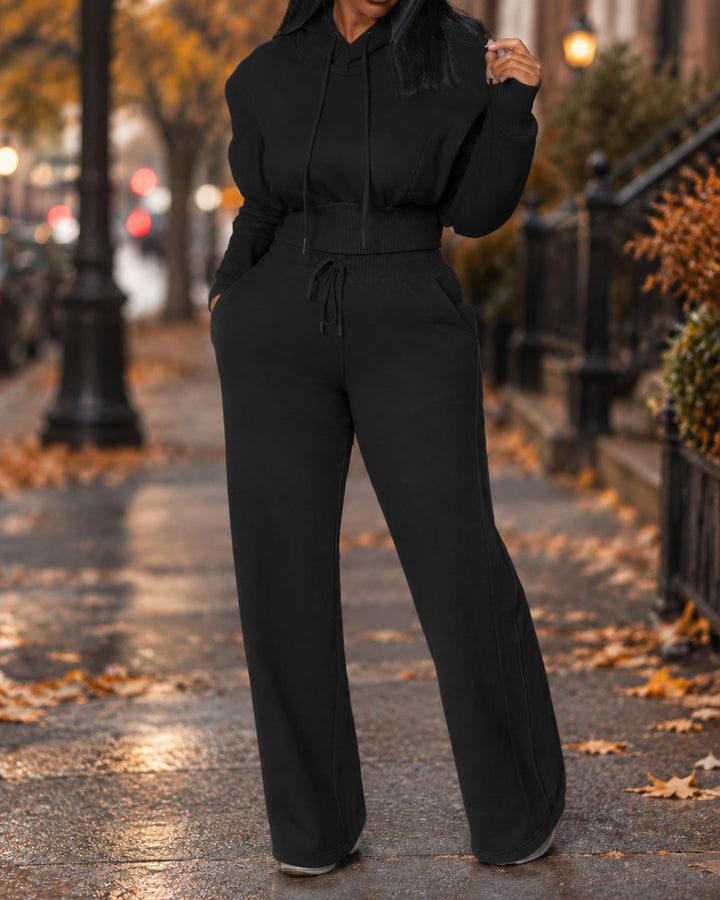 Women's 2 Piece Outfit Cropped Hoodie and Wide Leg Sweatpants Set Drawstring Waist Casual Tracksuit