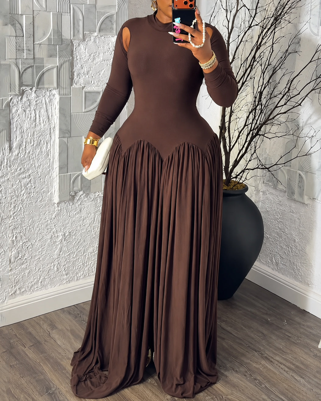 Women's Mock Neck Cold Shoulder Long Sleeve Bodycon Pleated  Maxi Dress