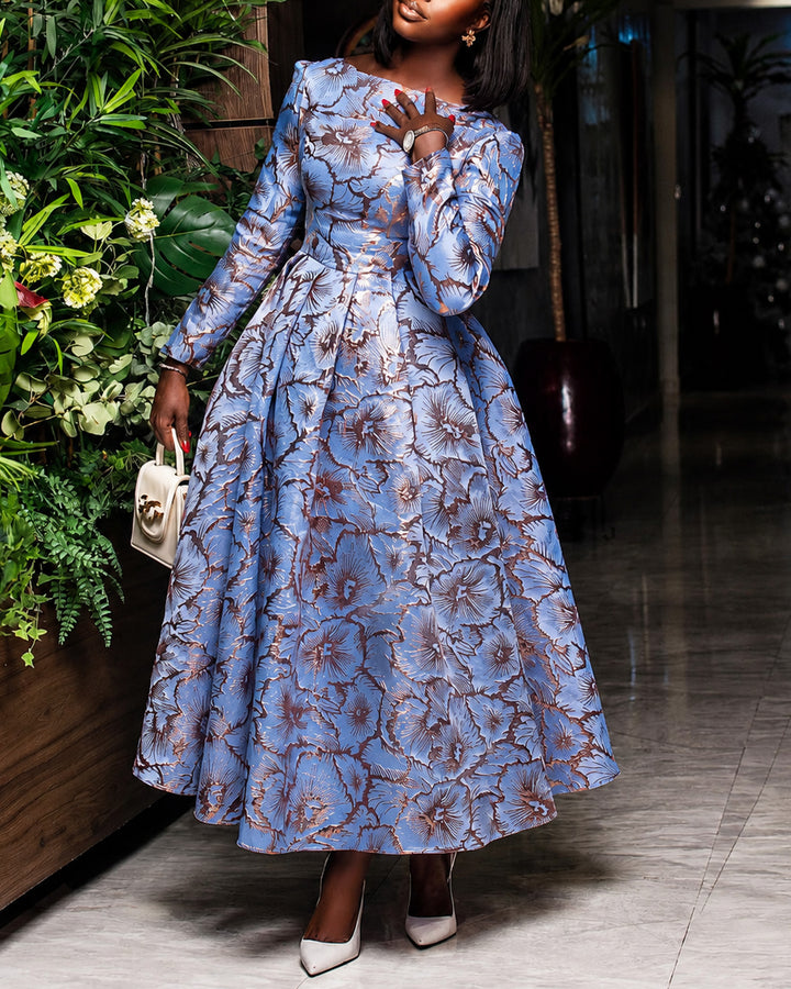Elegant Floral Jacquard Long Sleeve Round Neck A‑Line Maxi Dress