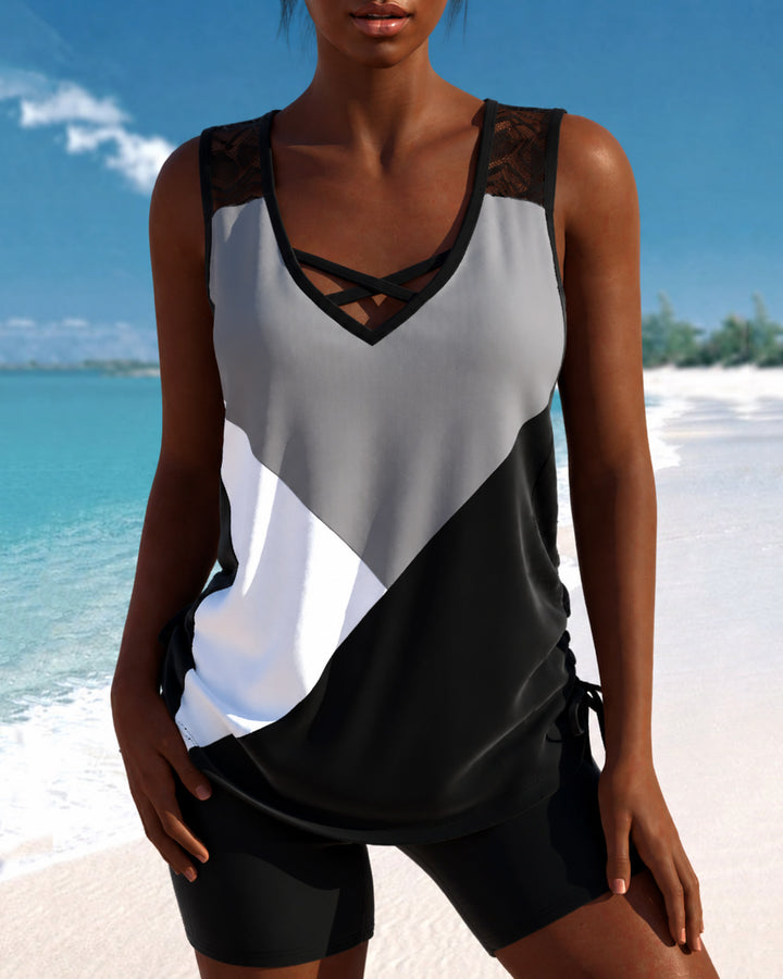 Cross-neck Tank Top and Swim Trunks Two-piece Set