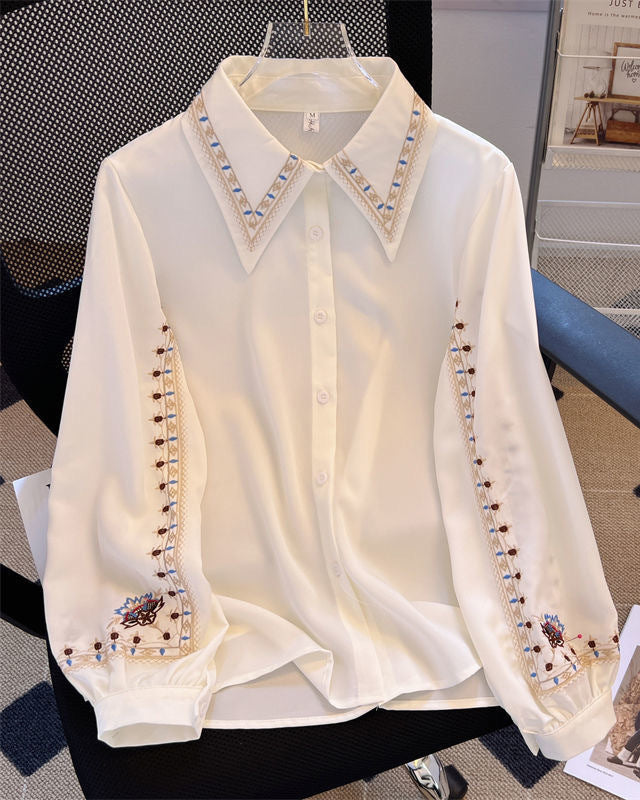 Bohemian Embroidered Collared Long Sleeve Shirt