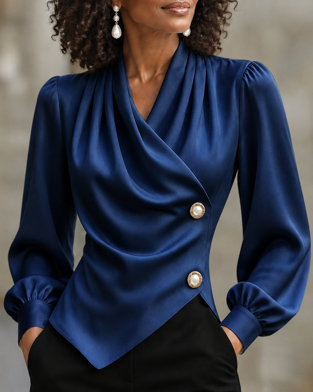 Women's Elegant Satin Draped Wrap V Neck Puff Long Sleeve Blouse