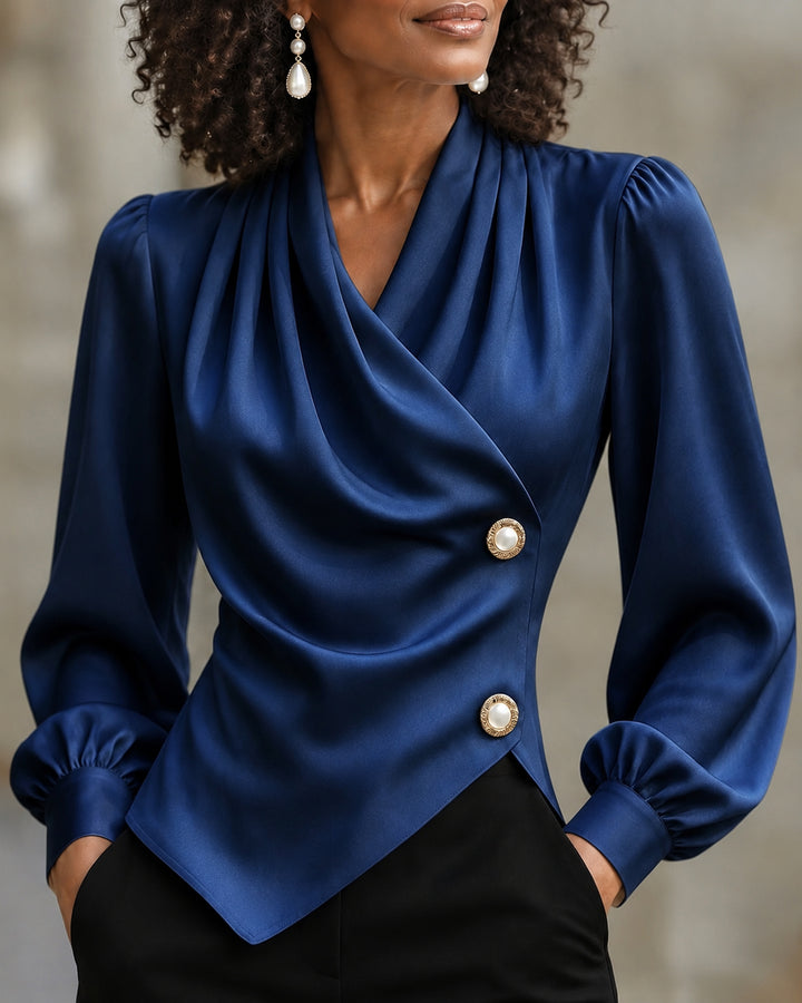 Women's Elegant Satin Draped Wrap V Neck Puff Long Sleeve Blouse