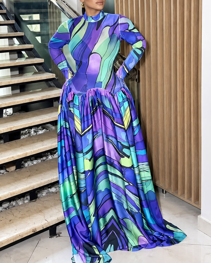 Women Marble Print Mock Neck Long Sleeve Maxi Dress