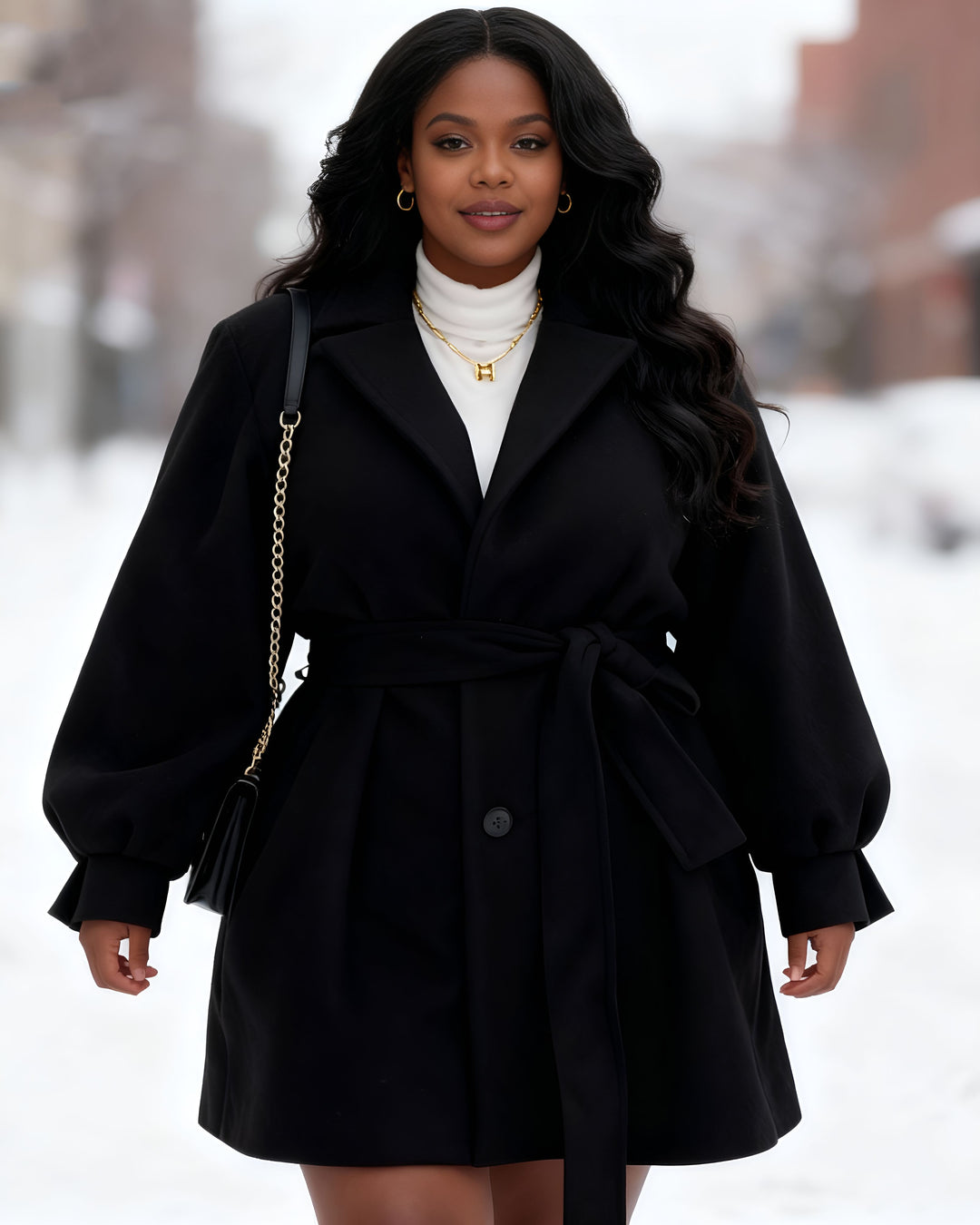 Vintage Suit Coat Collar Tie Waist Puff Sleeve Small Woolen Jacket