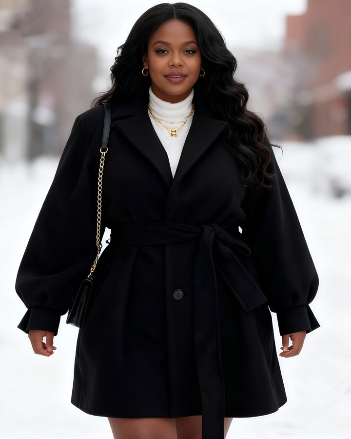 Vintage Suit Coat Collar Tie Waist Puff Sleeve Small Woolen Jacket