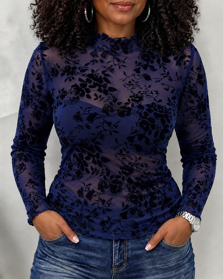 Women Floral Flocked Mesh Sheer Ruffle Top