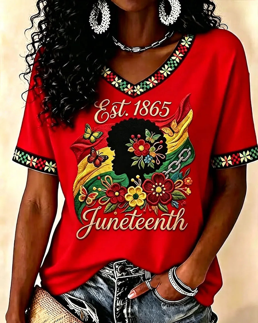 Juneteenth History Culture Print V-neck Short Sleeve Tshirt