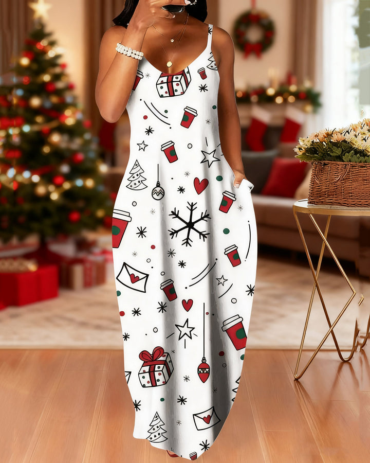 Sling Christmas Fun Gift Prints Pocket Maxi Dress