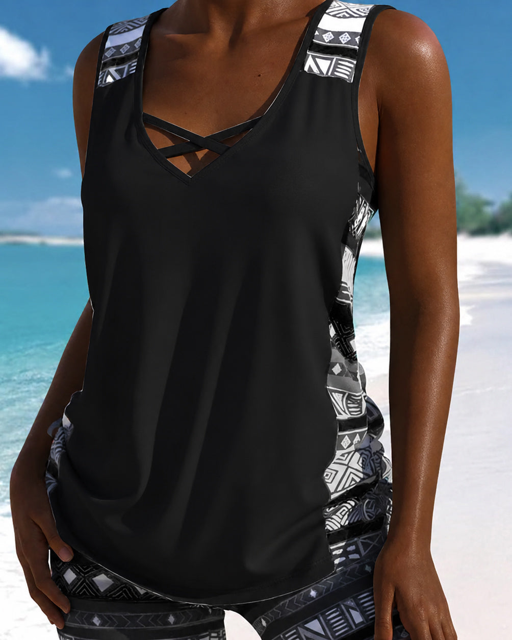 Cross-neck Tank Top and Swim Trunks Two-piece Set