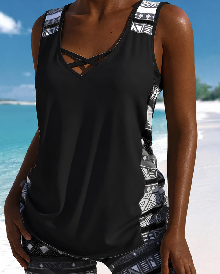 Cross-neck Tank Top and Swim Trunks Two-piece Set