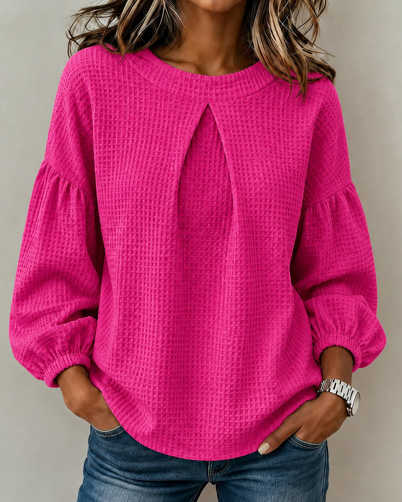 Lantern Sleeve Waffle Knit Round Neck Solid Color Long-sleeved Top