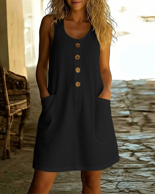 U-neck Button-down Sleeveless Cotton Linen Dress